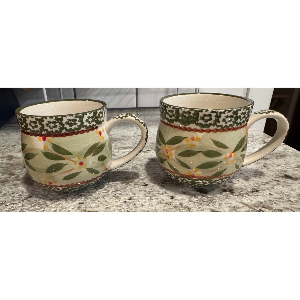 Temp-tations Old World Green 12 oz Mugs Set of 2 Hand Painted Floral Ceramic